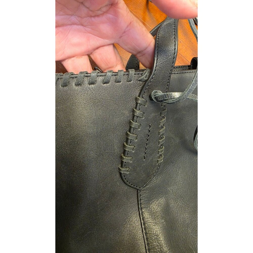 The Sak Black Leather Tote Bag Braided Trim & Tassel Accents Zip Closure Size L - Picture 11 of 11